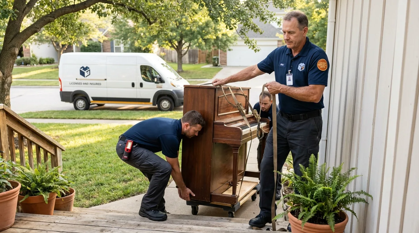 Licensed piano movers securing grand piano in Lanett, AL