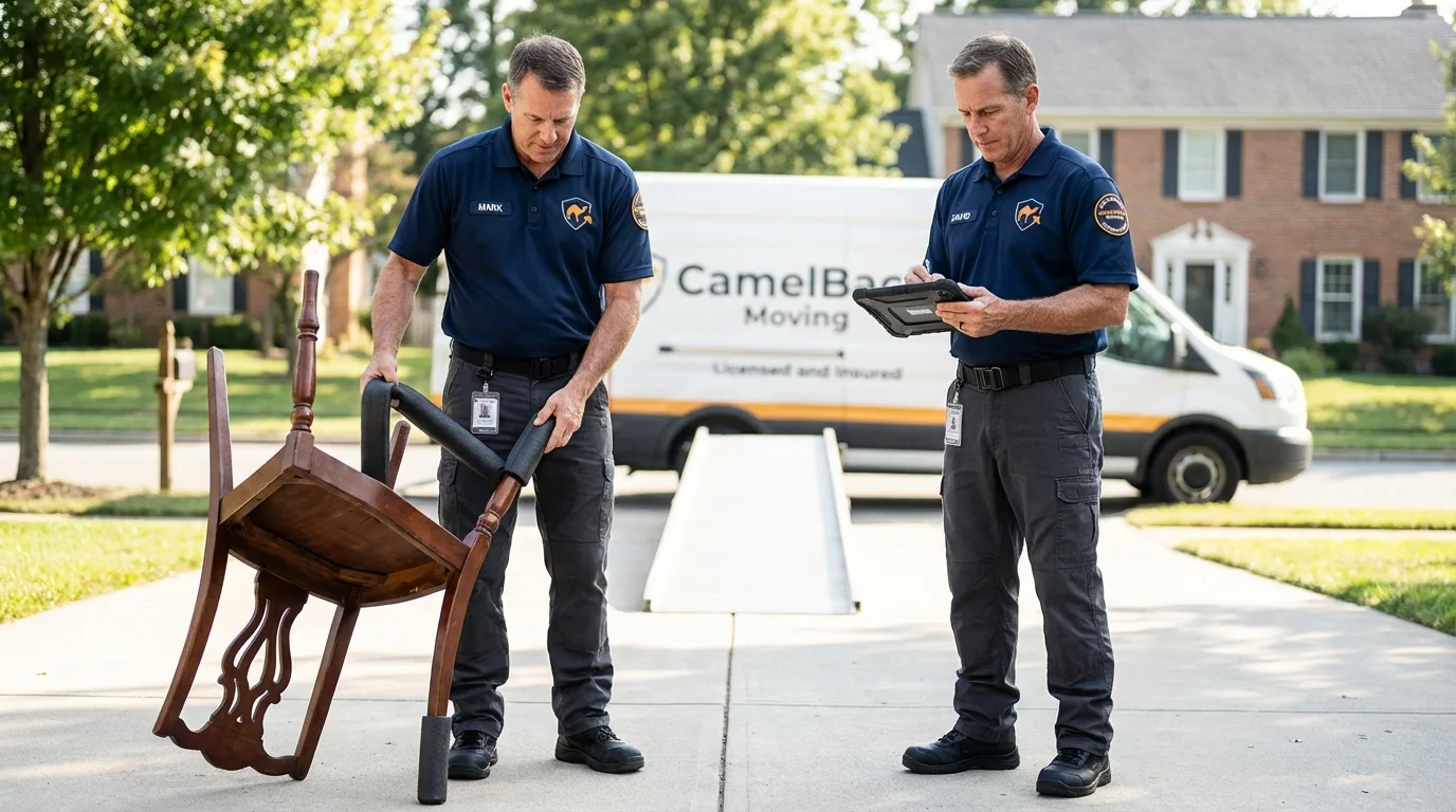 Movers inspecting furniture for damage prevention before loading in Lanett, AL