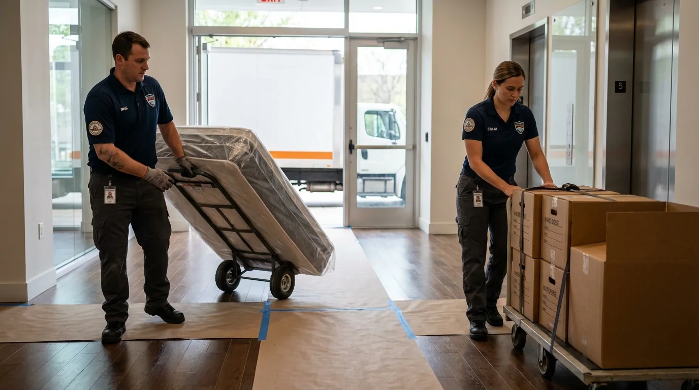 Professional apartment movers loading elevator in Lanett, AL