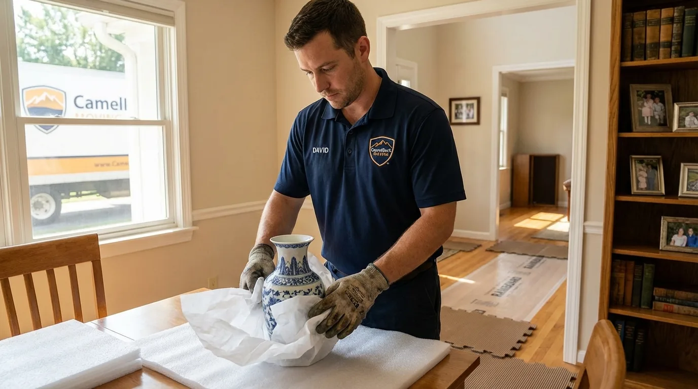Professional crew carefully wrapping antique vase for senior downsizing move in Lanett, AL